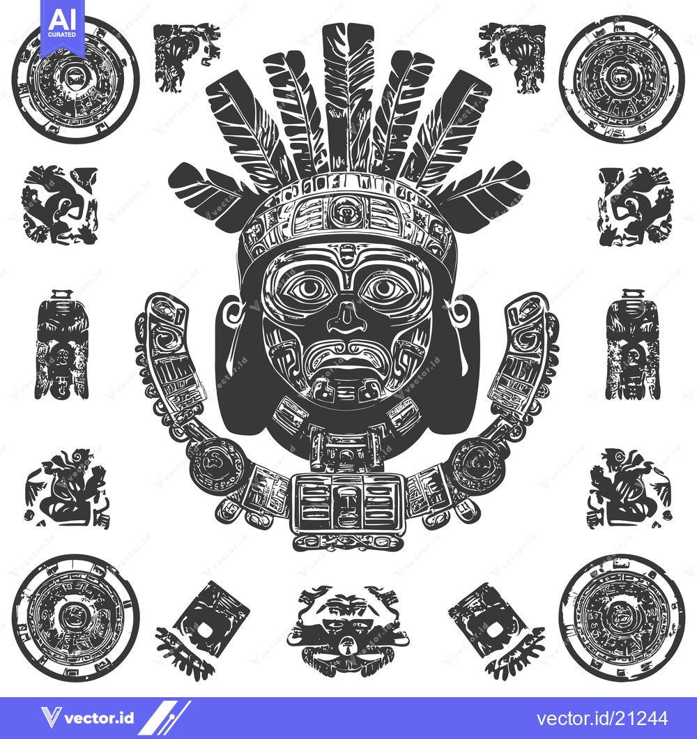 Premium Vector dari Aztec Deity with Feathers, Ornamental Design and Circular Symbols