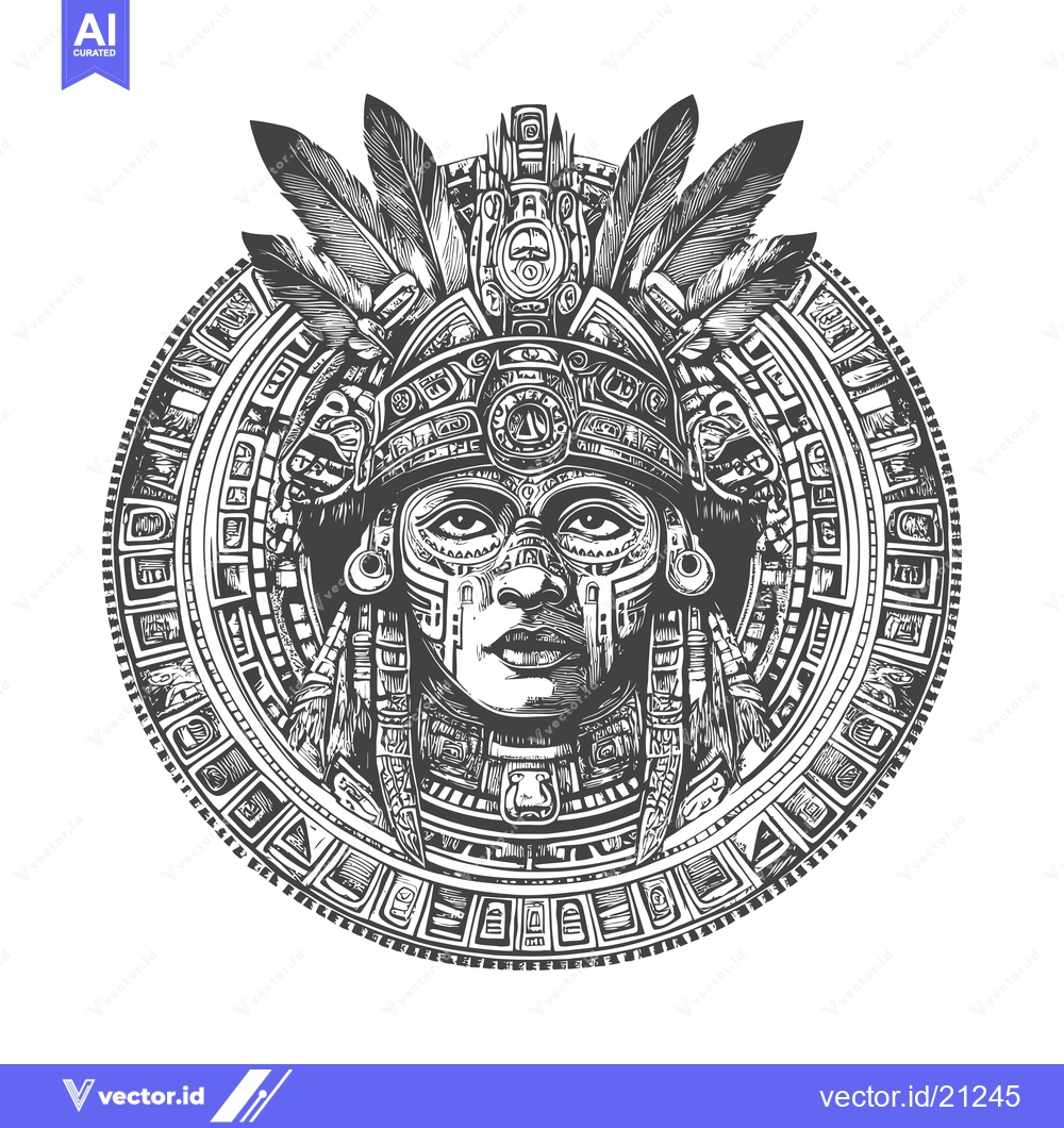 Premium Vector dari Aztec Deity with Ornate Headdress and Feather Decoration