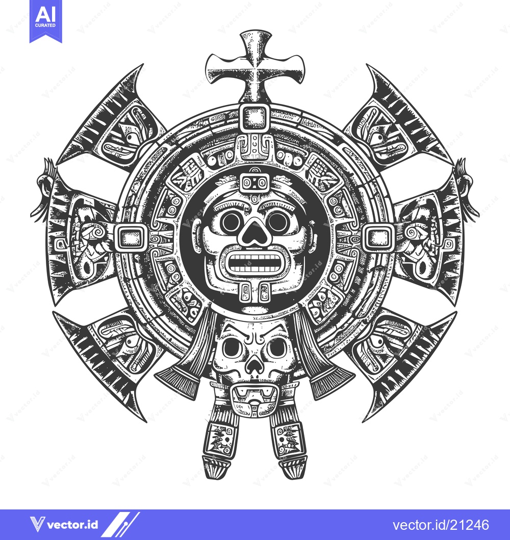 Premium Vector of Aztec Deity with Skull and Cross Symbol in Ornate Frame