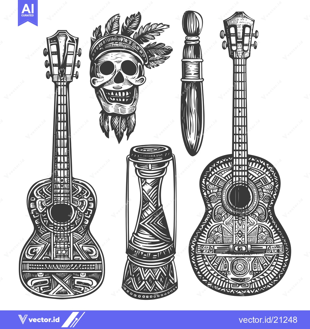 Premium Vector dari Aztec Design Elements with a Guitar, Drum, Skull, and Brush