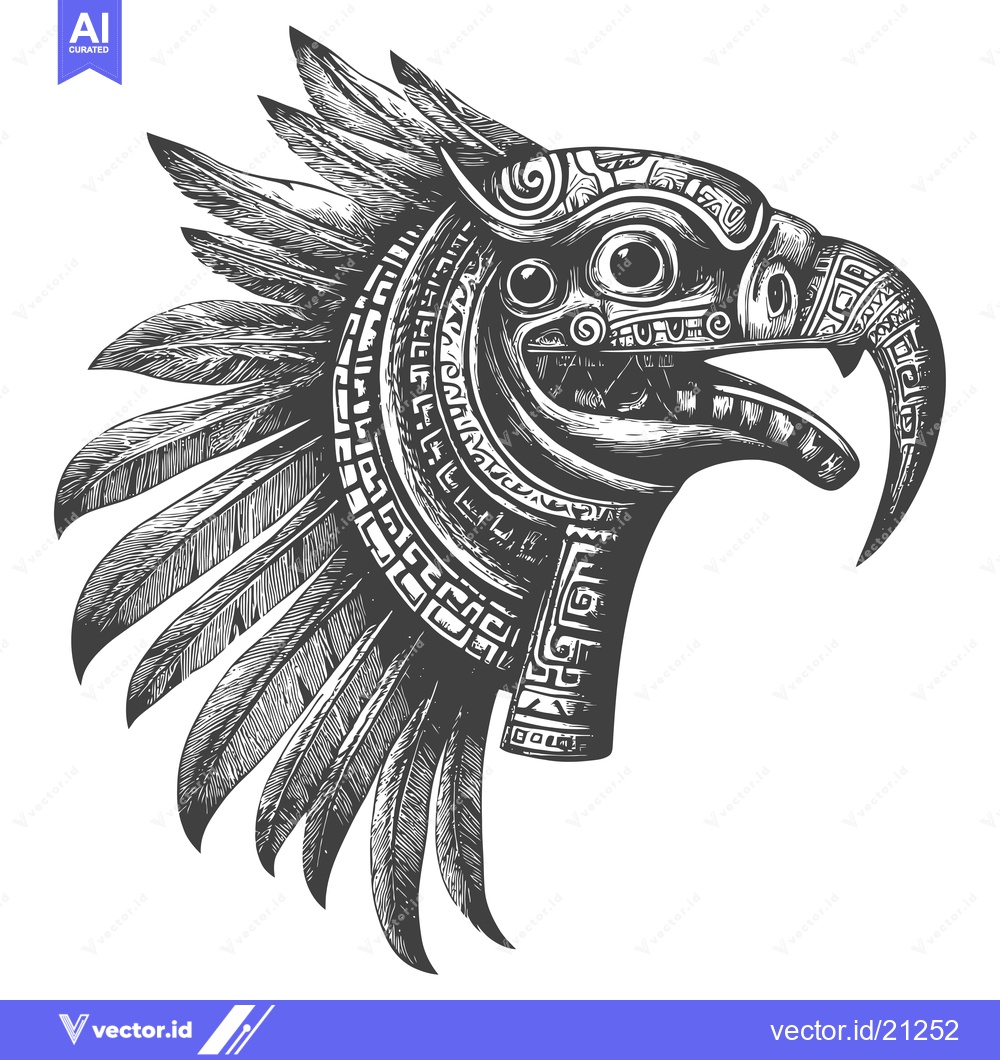 Premium Vector dari Aztec Eagle Head with Feathered Crest and Geometric Patterns