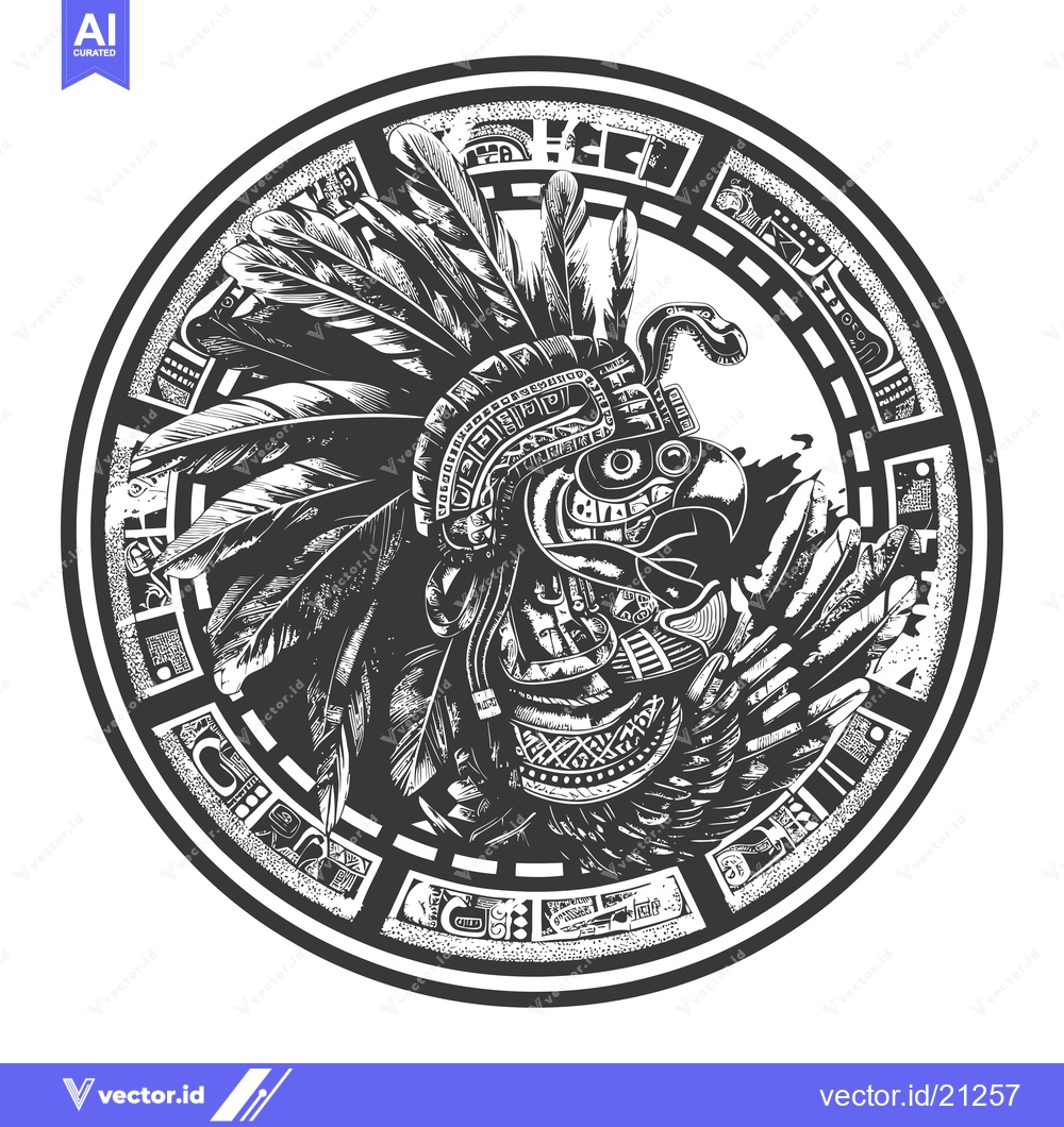 Premium Vector dari Aztec Eagle Warrior Head in a Circular Frame with Ornate Designs