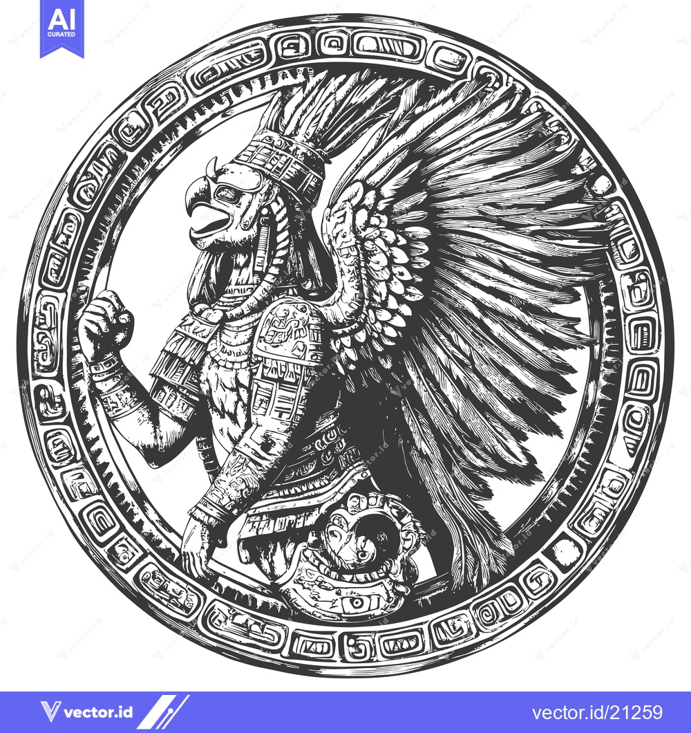 Premium Vector dari Aztec Eagle Warrior with Feathered Headdress in Circular Frame