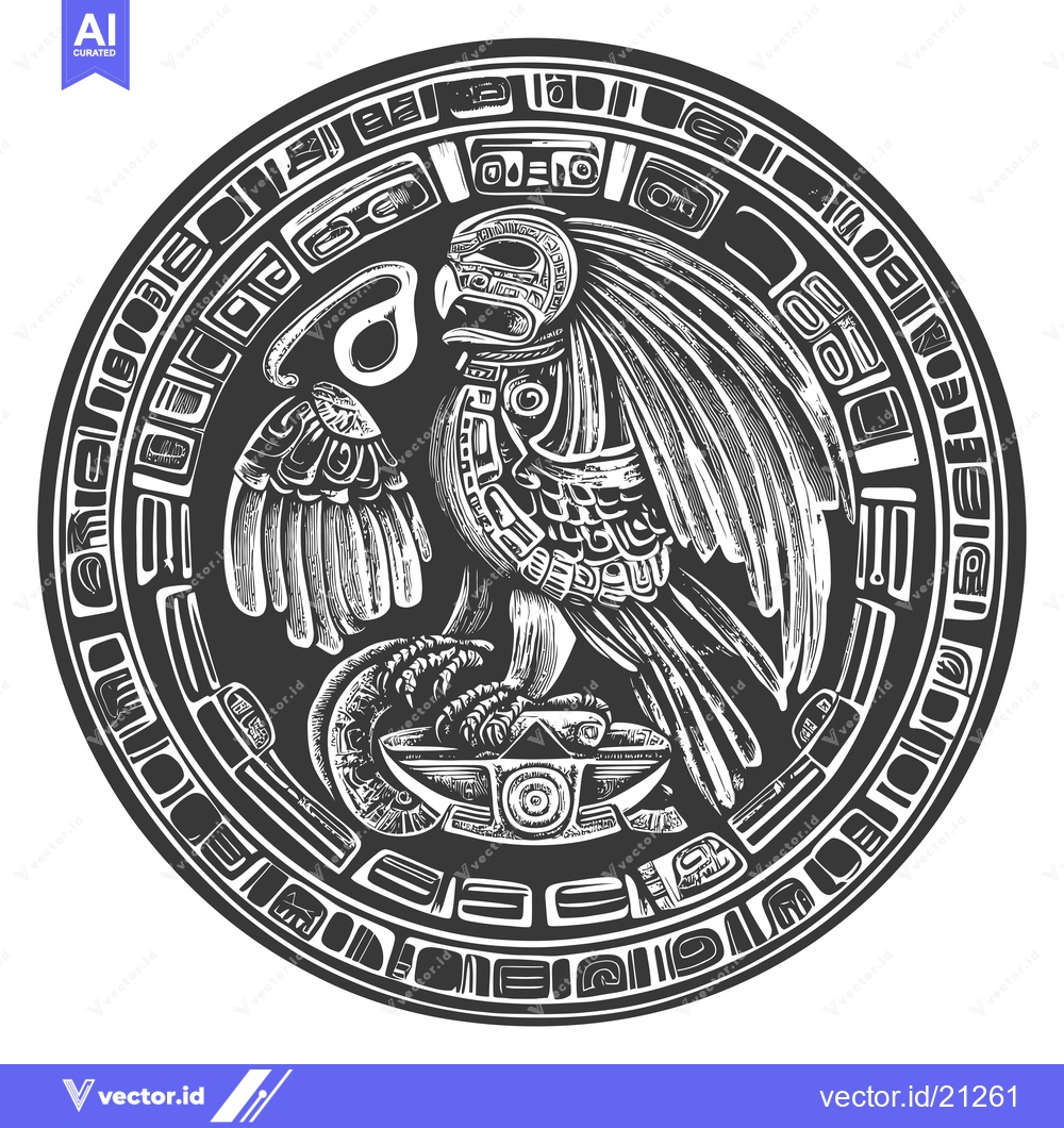 Premium Vector dari Aztec Eagle with Claws on a Bowl in a Circular Frame