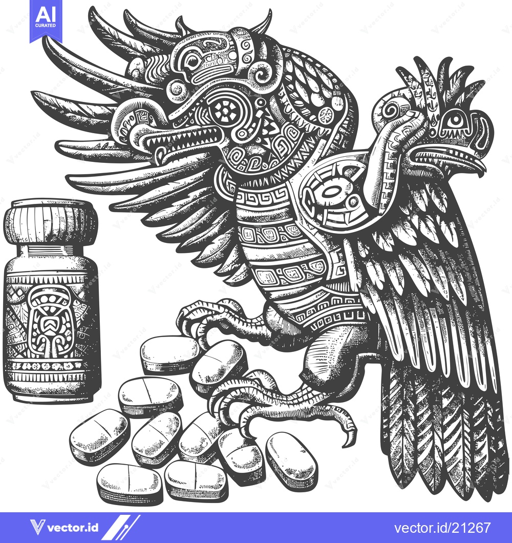 Premium Vector dari Aztec Eagle With Pills And Bottle