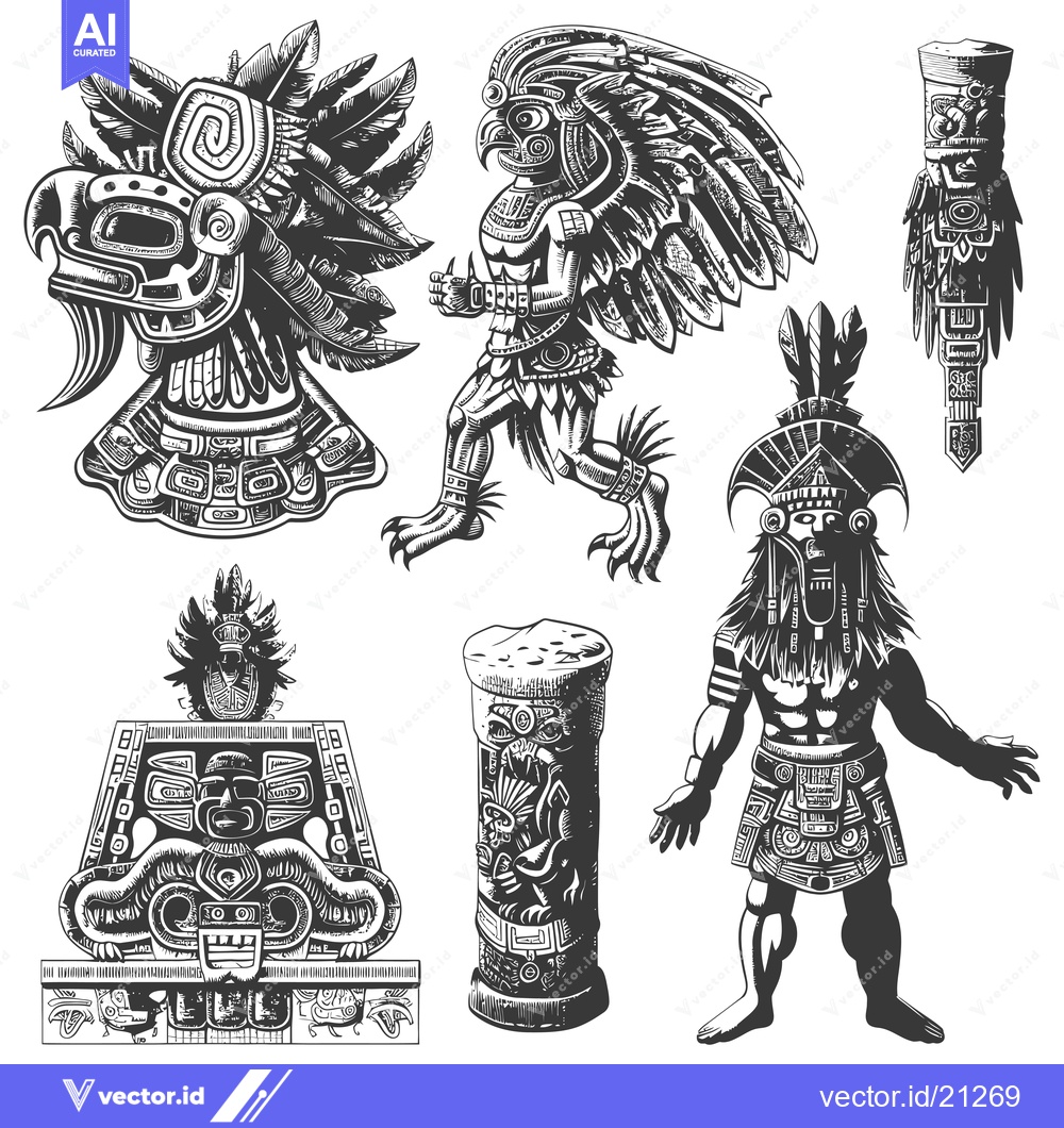 Premium Vector dari Aztec God and Warrior Figures with Traditional Patterns and Carvings