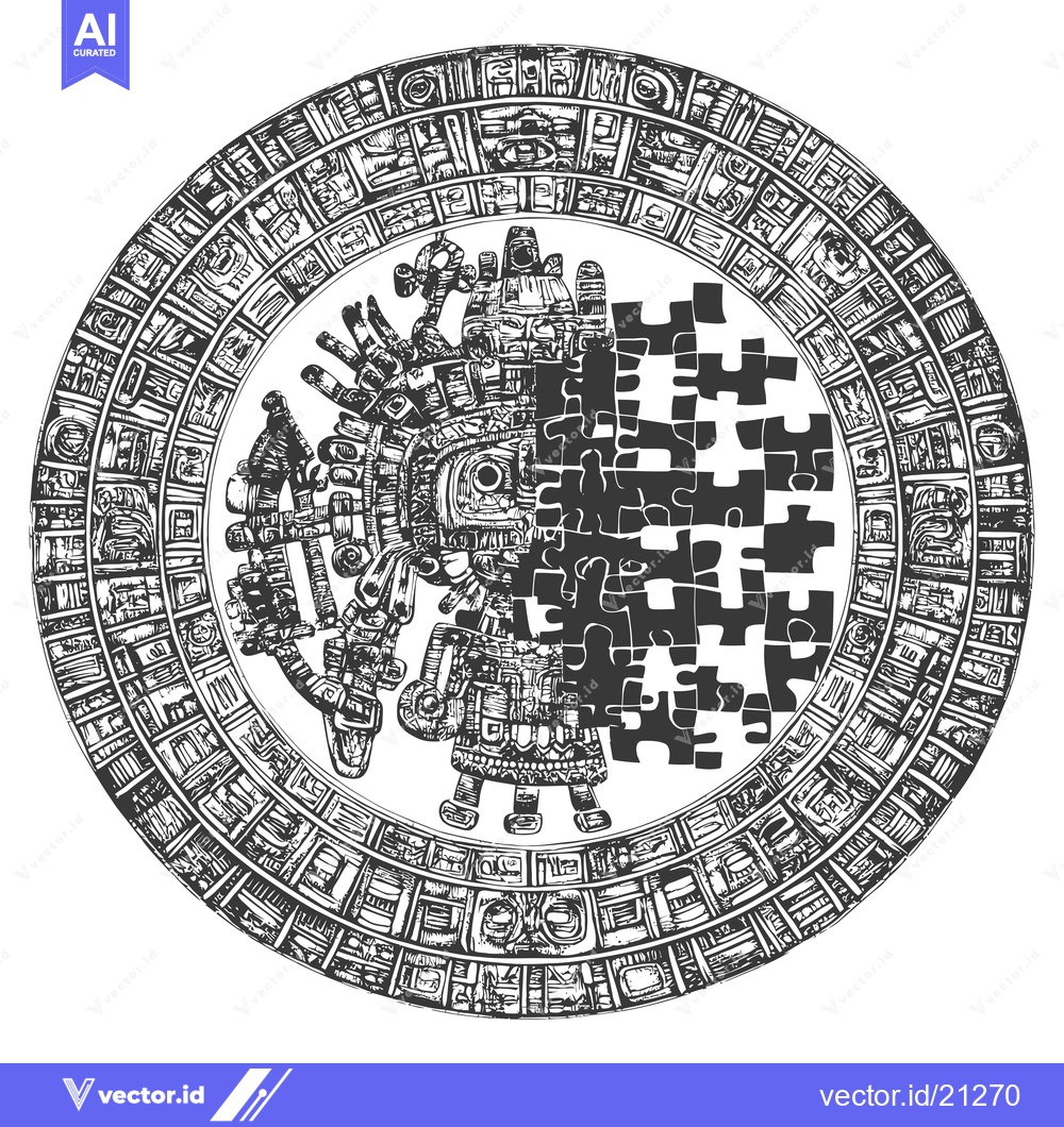 Premium Vector dari Aztec God Figure with Circular Pattern and Puzzle Pieces