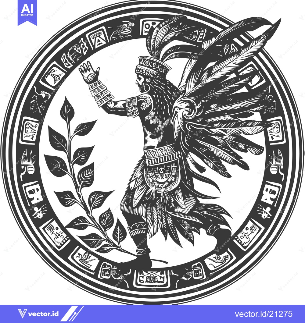 Premium Vector of Aztec God Quetzalcoatl in Circular Frame with Feathers and Glyphs