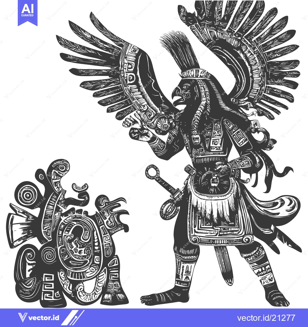 Premium Vector dari Aztec God Quetzalcoatl with Sword and Serpent Symbol