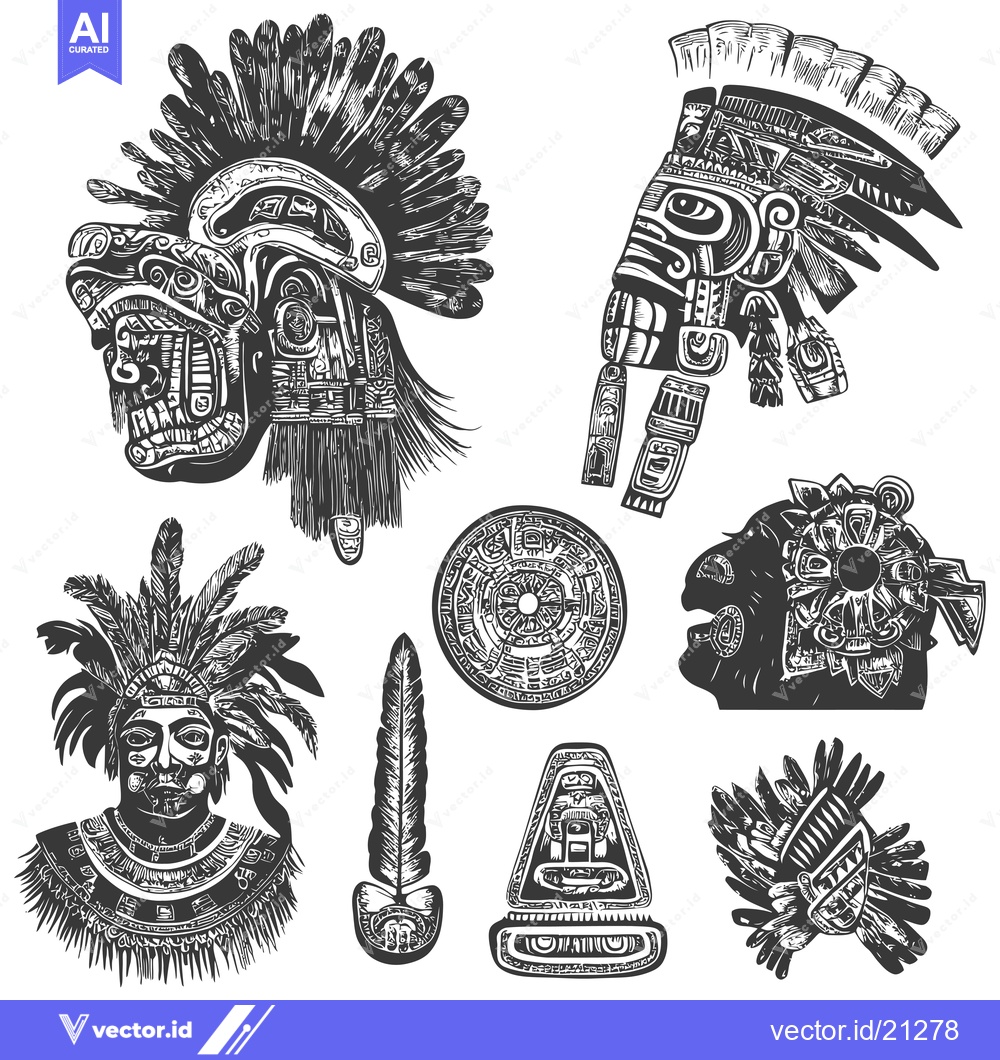 Premium Vector of Aztec Gods and Symbols in Monochrome Graphic Design