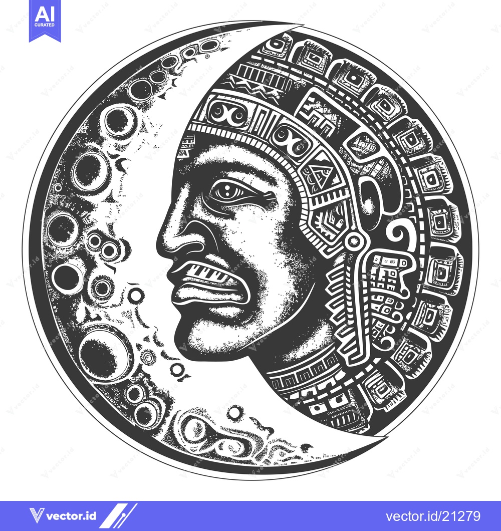 Premium Vector dari Aztec God's Face in a Crescent Moon with Intricate Patterns
