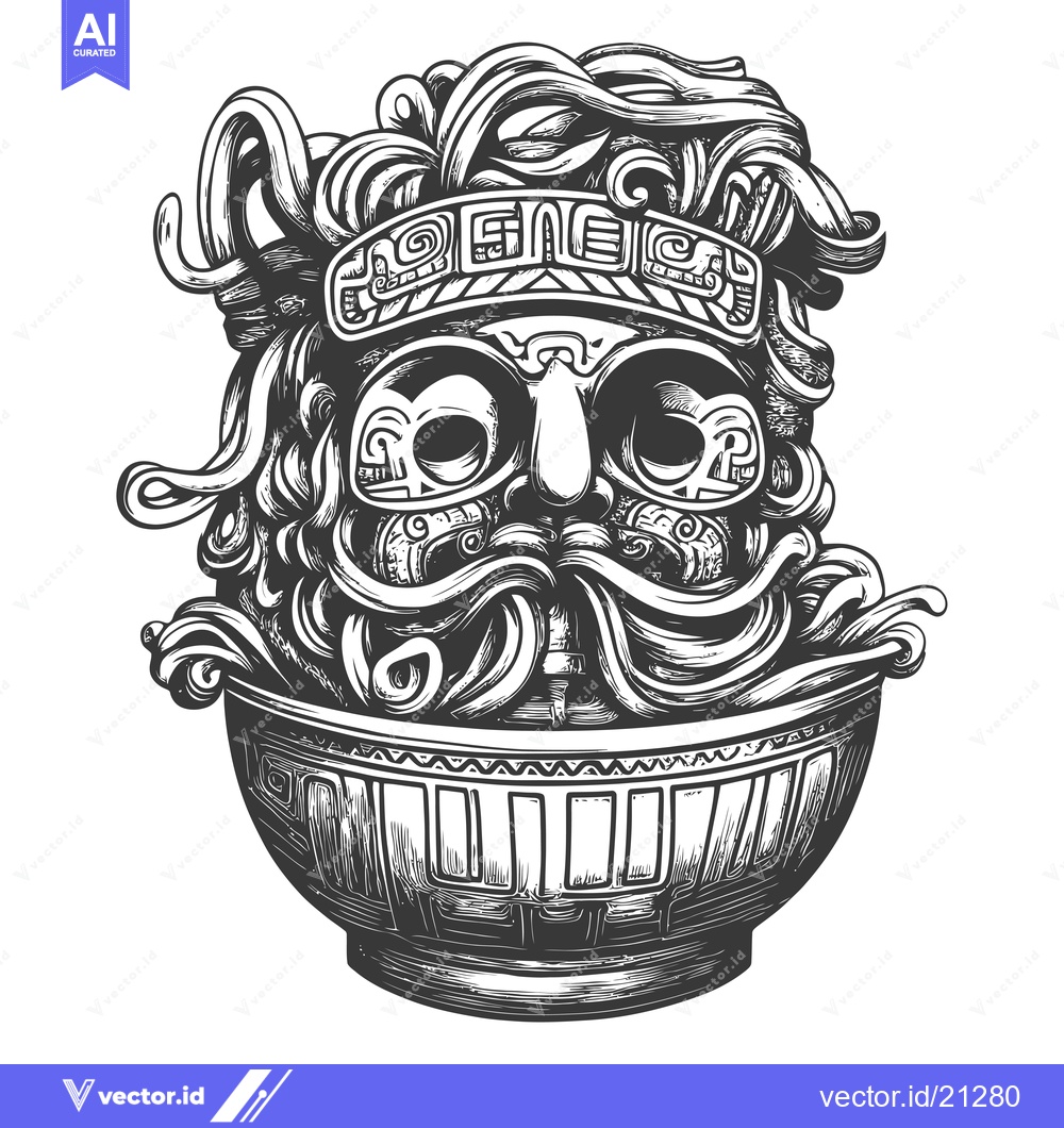 Premium Vector dari Aztec God's Head with Noodles in a Bowl