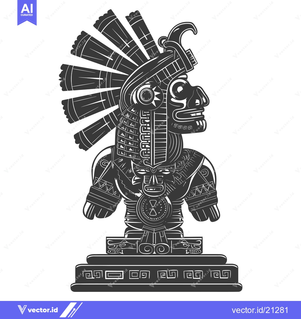 Premium Vector dari Aztec God Statue with Feathered Headdress and Geometric Design