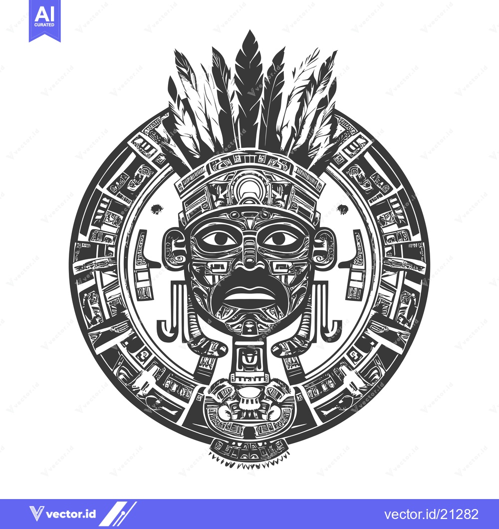 Premium Vector dari Aztec God with Feathered Headdress and Geometric Design