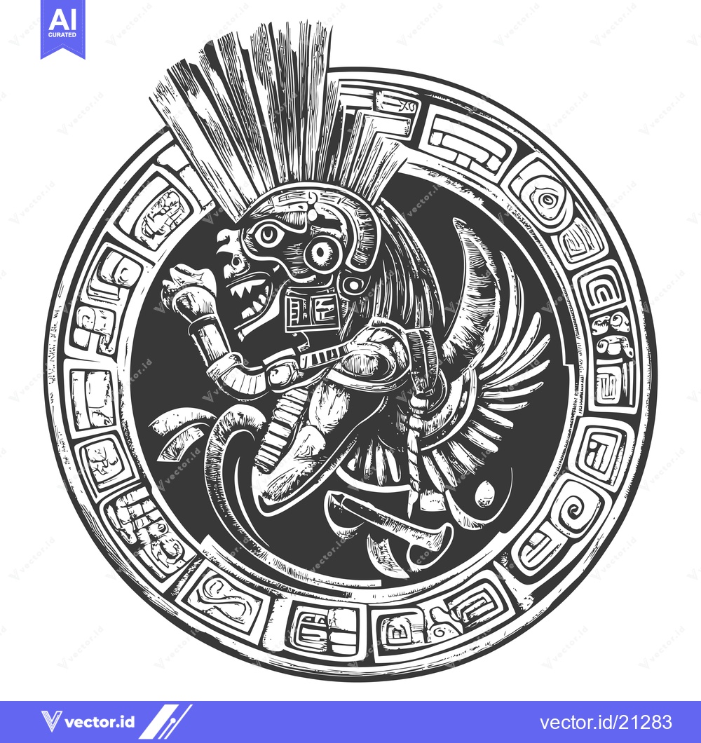 Premium Vector dari Aztec God with Feathered Headdress and Intricate Border Design