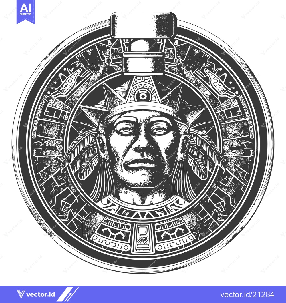 Premium Vector dari Aztec God with Feathered Headdress Inside a Circular Design