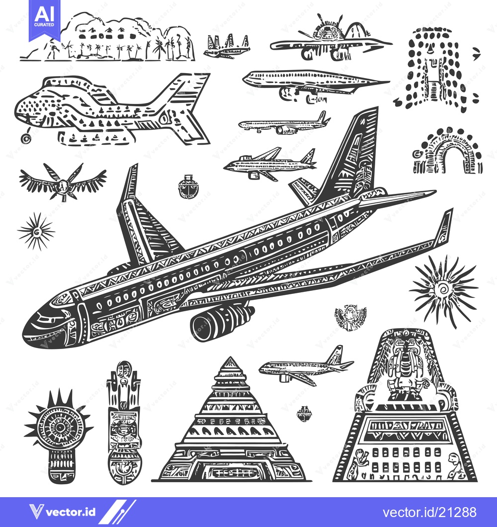 Premium Vector of Aztec-Inspired Airplane and Ancient Mayan Architecture Artwork