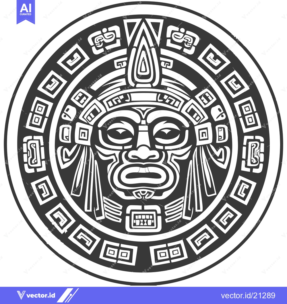 Premium Vector of Aztec-Inspired Black and White Circular Design Featuring a Human Face