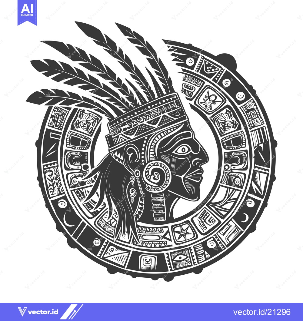 Premium Vector dari Aztec Inspired Design Featuring a Profile Portrait with Feathers and a