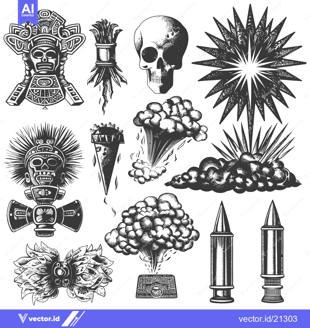 Premium Vector dari Aztec-Inspired Illustrations Featuring Explosions, Skulls, and Rituali