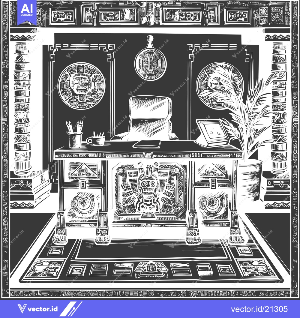 Premium Vector dari Aztec-Inspired Office Interior with Detailed Desk and Chair