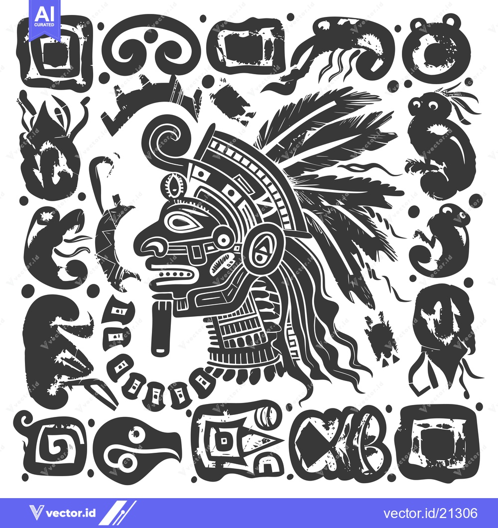 Premium Vector dari Aztec-Inspired Pattern Featuring a Profile Portrait of a Warrior