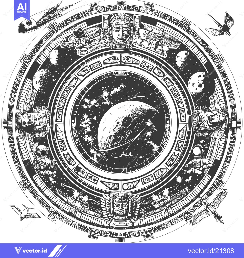 Premium Vector dari Aztec-Inspired Space Exploration Design with Celestial Bodies and Astr