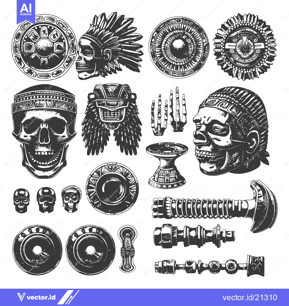 Premium Vector dari Aztec-Inspired Tribal Artwork with Skulls, Feathers, and Ornate Design