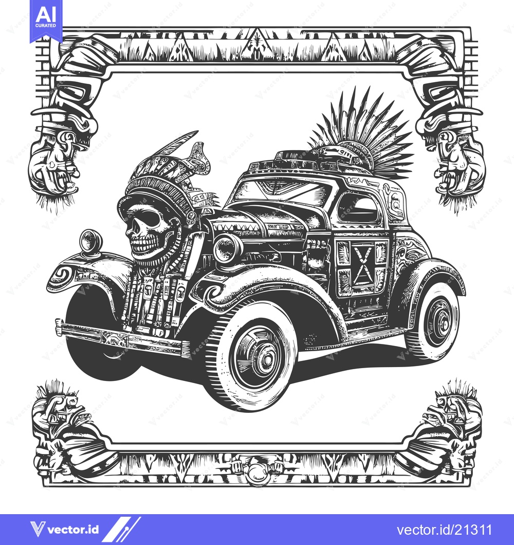Premium Vector of Aztec-Inspired Vintage Car with Skull and Feathers