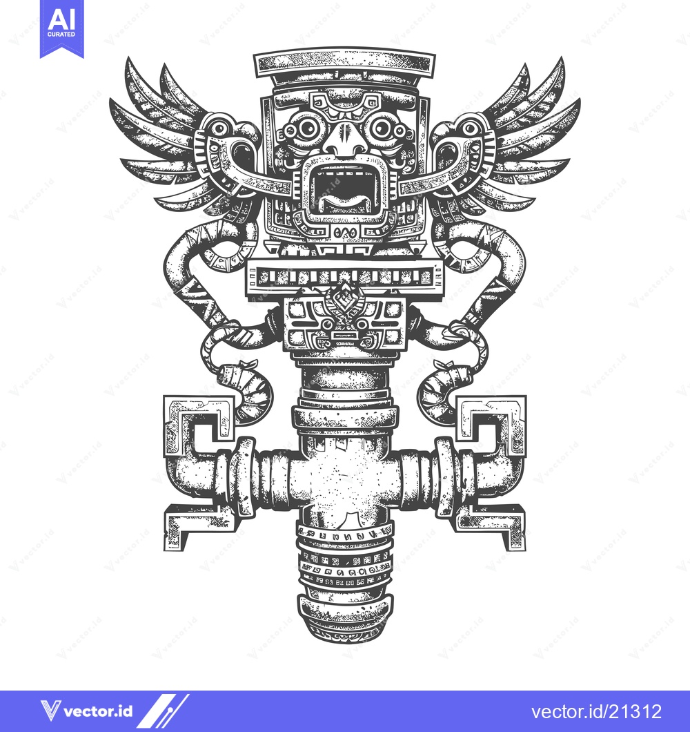 Premium Vector dari Aztec-inspired winged deity with mechanical body and pipes