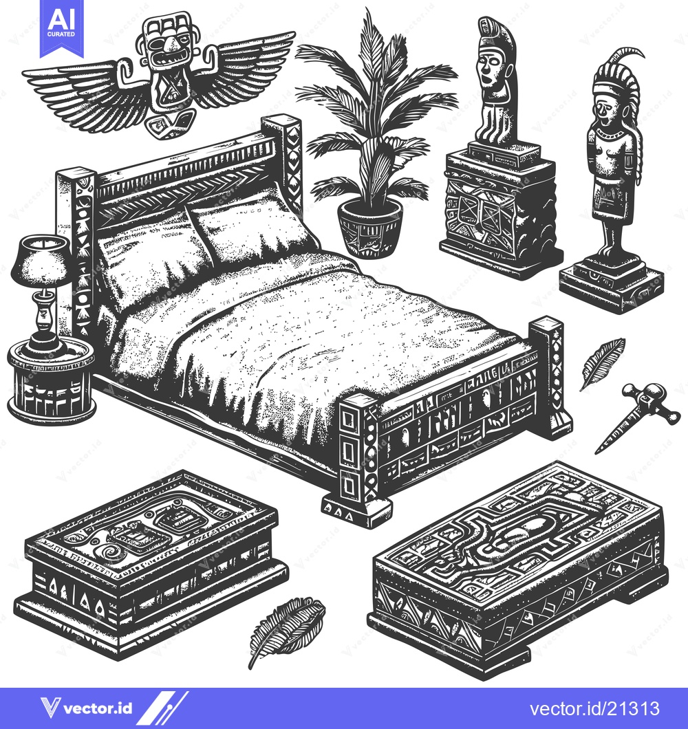 Premium Vector dari Aztec Interior Design Elements with Bed and Statues