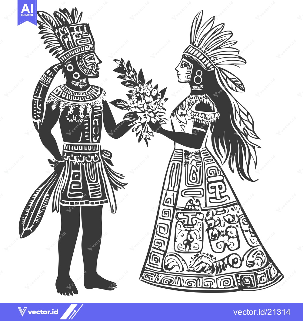 Premium Vector of Aztec Man and Woman in Traditional Dress Offering Flowers