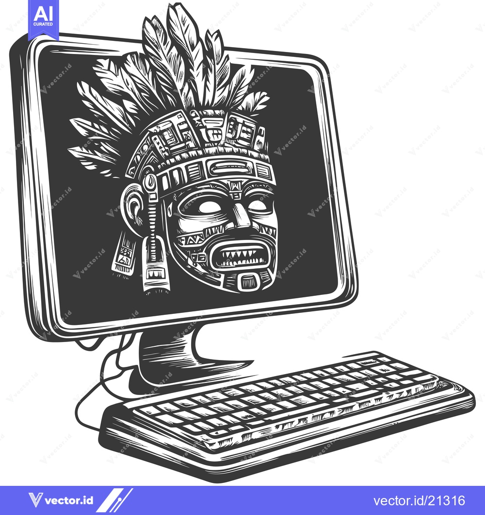 Premium Vector dari Aztec Mask Inside a Computer with Keyboard