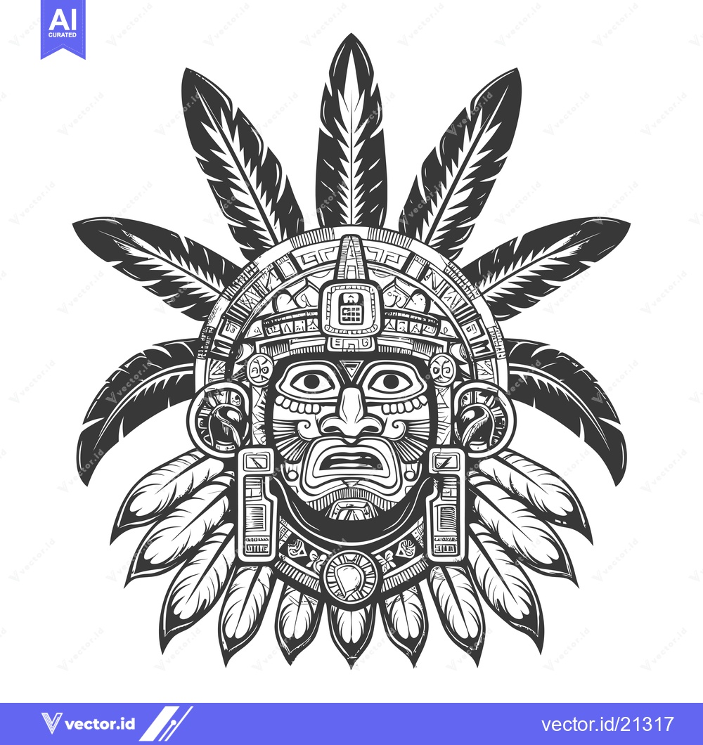 Premium Vector dari Aztec Mask With Detailed Feathers and Geometric Designs