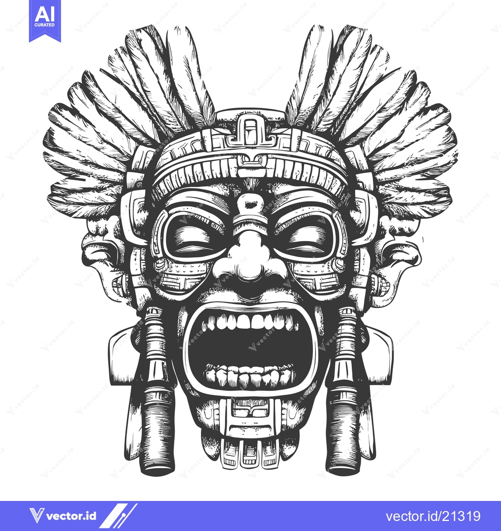 Premium Vector dari Aztec Mask with Feathers and Geometric Patterns