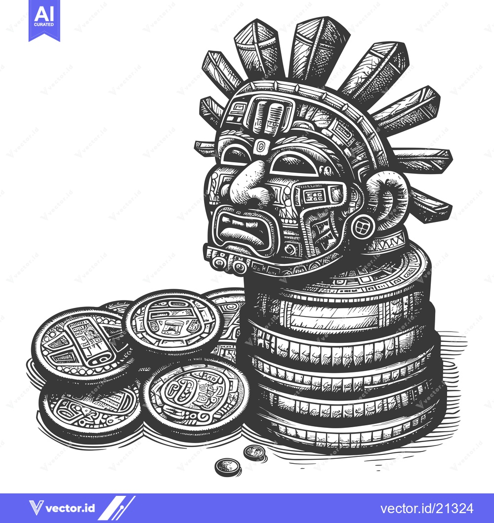 Premium Vector of Aztec Mask with Stack of Ornate Coins