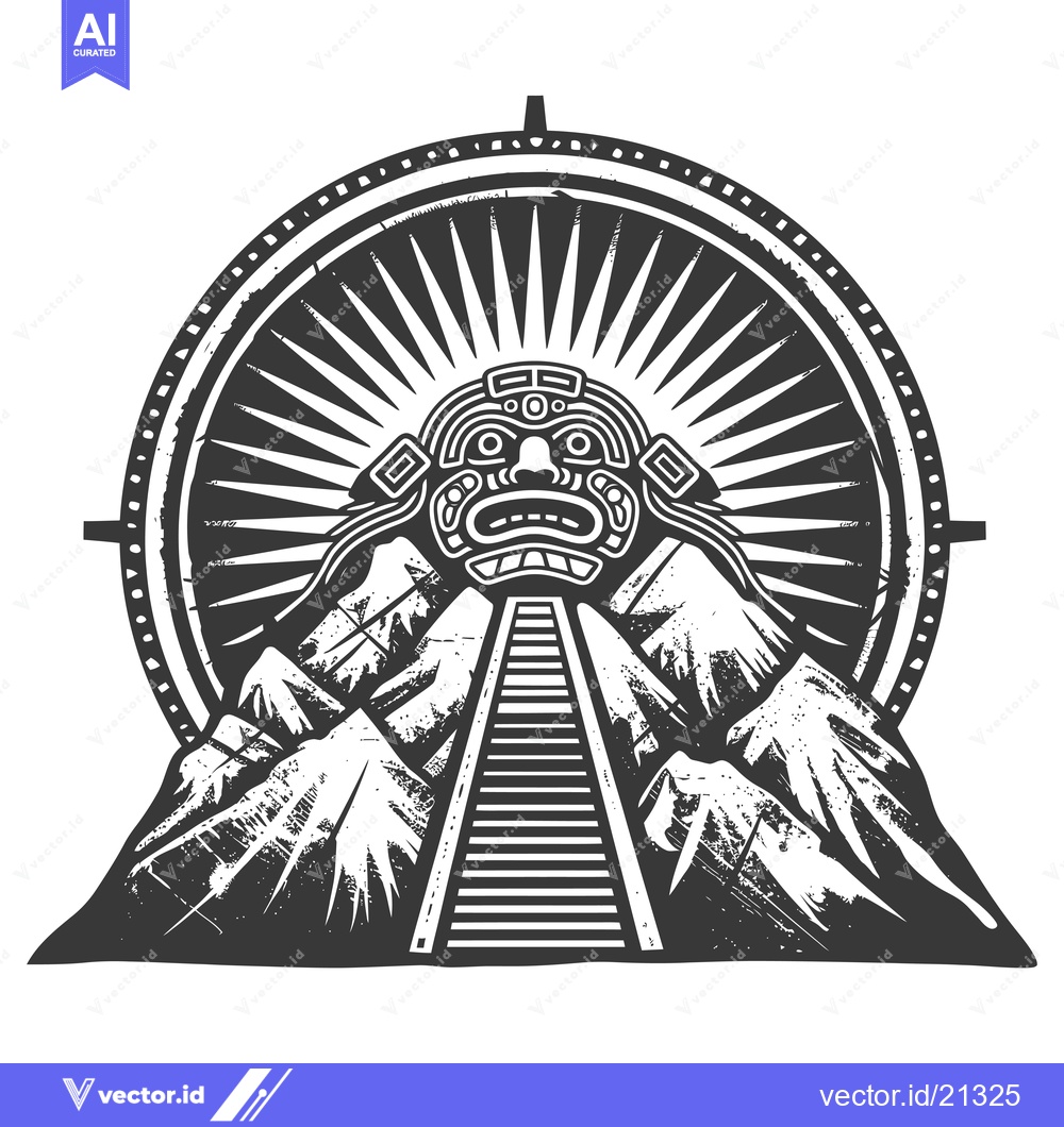Premium Vector dari Aztec Mask with Stairway in Mountains and Sunburst