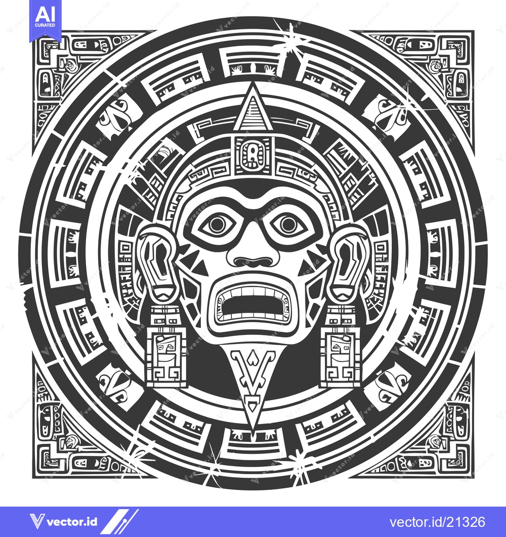 Premium Vector dari Aztec Mayan Style Tribal Mask in Circular Frame with Geometric Pattern
