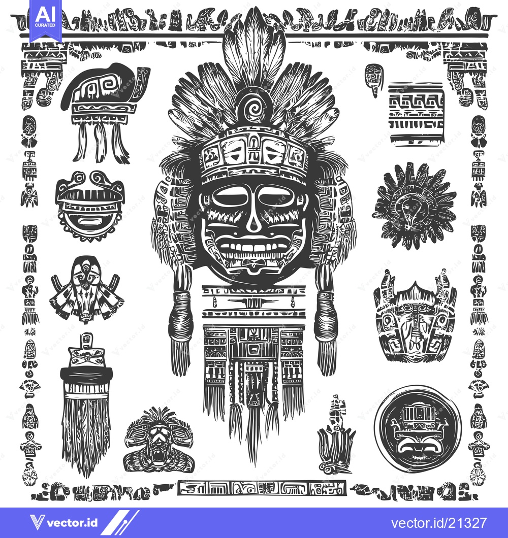 Premium Vector dari Aztec Mayan Tribal Ritualistic Mask and Ornamental Symbols