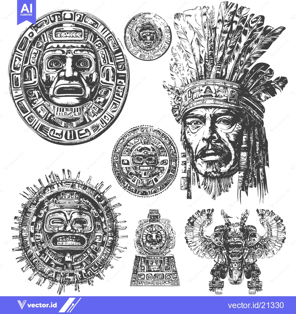 Premium Vector of Aztec Mythology Symbolic Figures and Faces