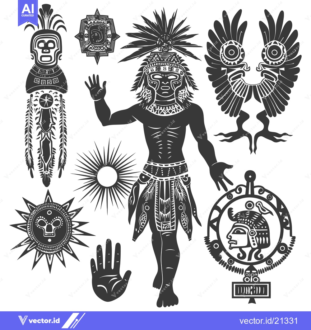 Premium Vector dari Aztec Mythology Symbols Set: Warrior, Sun, Hand, Bird and Head