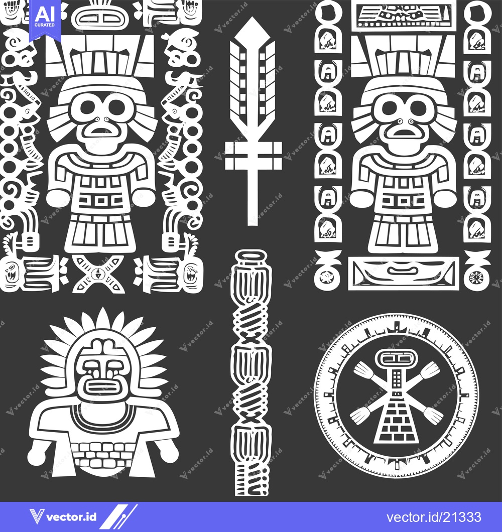 Premium Vector of Aztec or Mayan style glyphs and figures in a black and white design