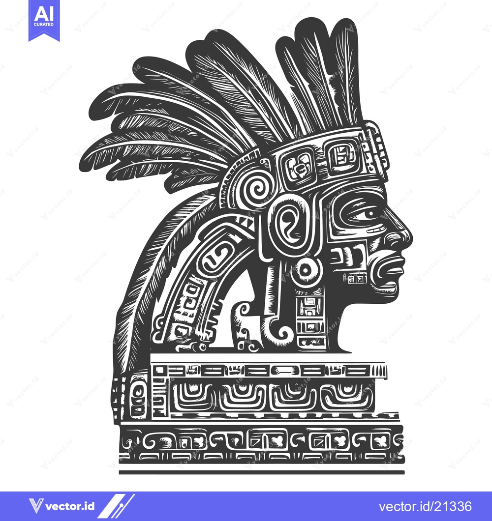 Premium Vector dari Aztec  Profile Portrait With Elaborate Headwear and Geometric Patterns