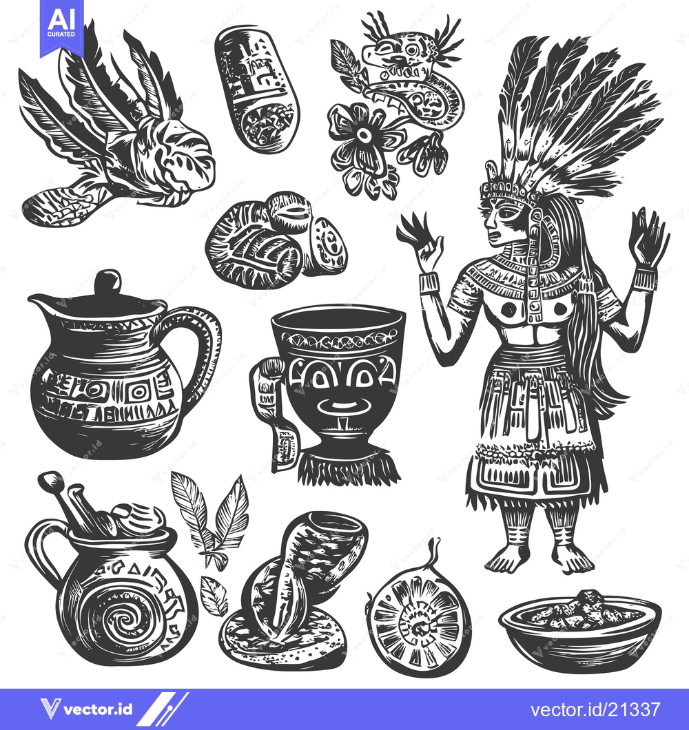 Premium Vector dari Aztec Shaman with Traditional Ritual Items and Decorations