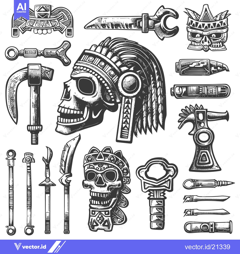 Premium Vector dari Aztec Skull and Weaponry Illustration