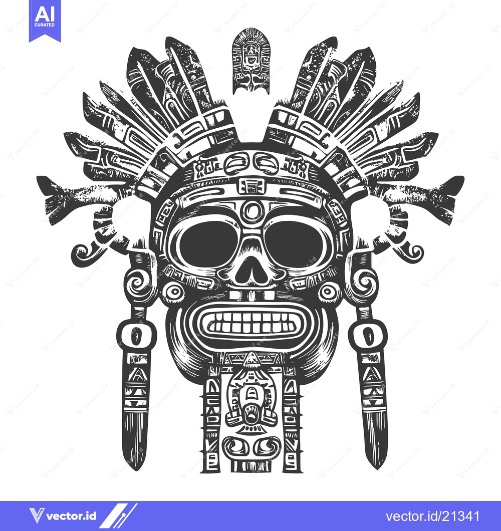 Premium Vector dari Aztec Skull Mask with Ornate Design and Feathers