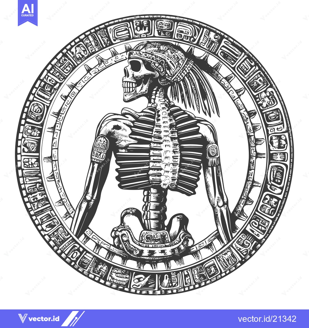 Premium Vector dari Aztec Skull Skeleton in Circular Frame with Glyphs