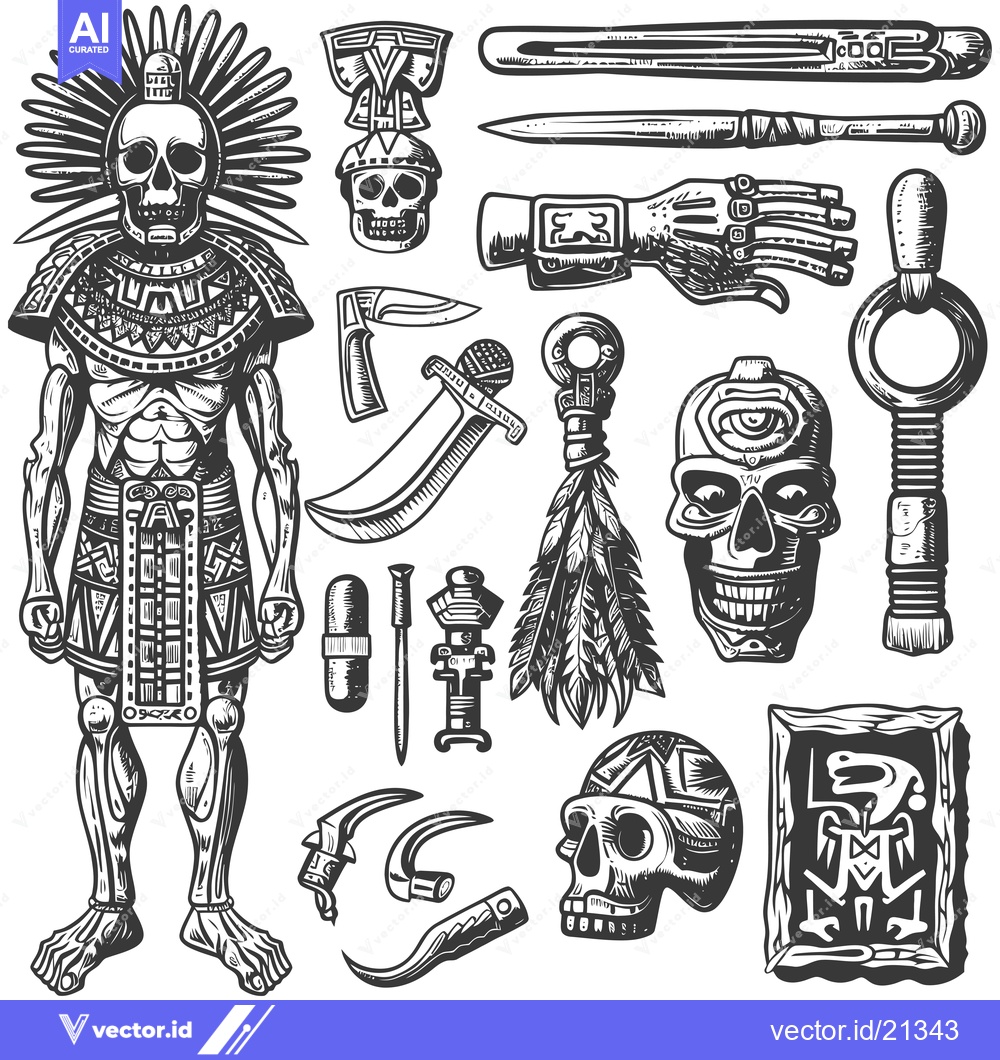 Premium Vector dari Aztec Skull Warrior with Weapons and Artifacts