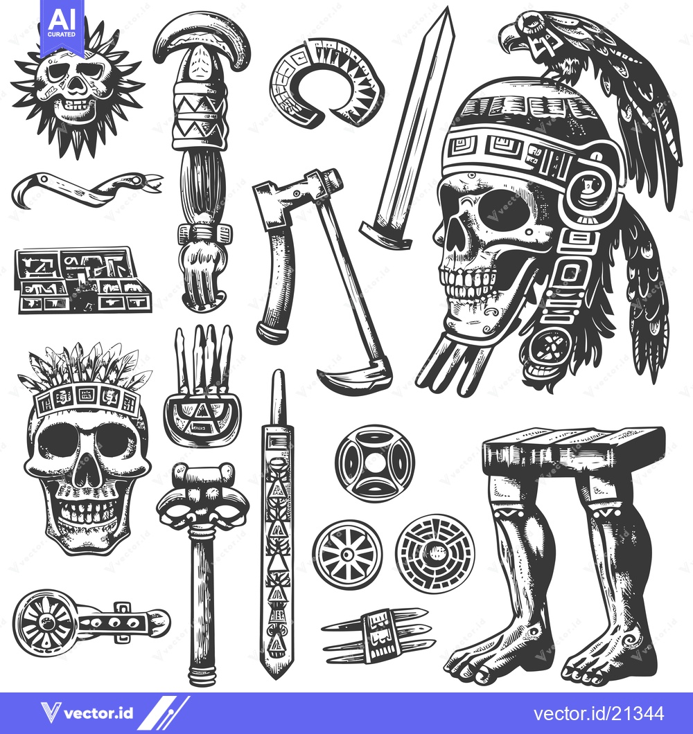 Premium Vector dari Aztec Skull, Weapons, and Ornaments Illustration