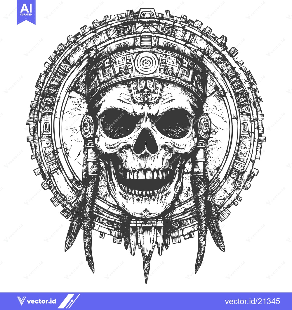 Premium Vector of Aztec Skull with Feathers and Geometric Ornamentation